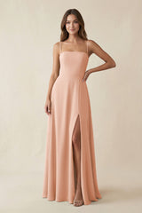 Spaghetti Strap A - Line Chiffon Maxi Bridesmaid Dress in English Rose - KissProm Bridesmaid Dresses