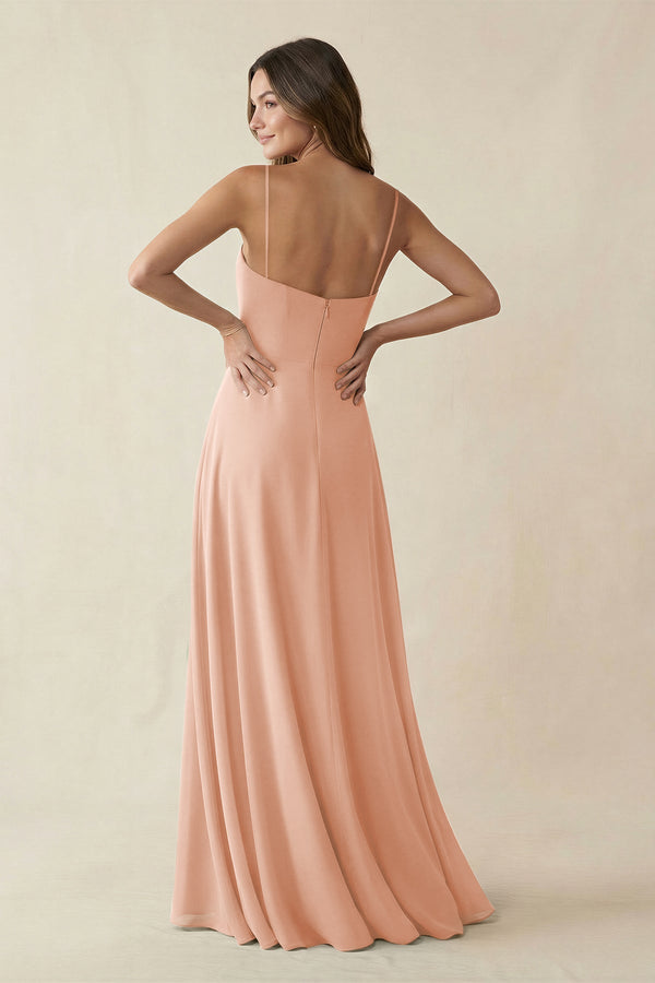 Spaghetti Strap A - Line Chiffon Maxi Bridesmaid Dress in English Rose - KissProm Bridesmaid Dresses