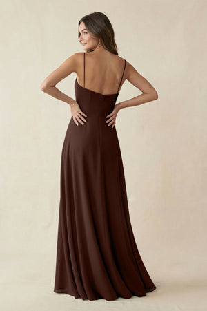 Spaghetti Strap A - Line Chiffon Maxi Bridesmaid Dress in Espresso - KissProm Bridesmaid Dresses
