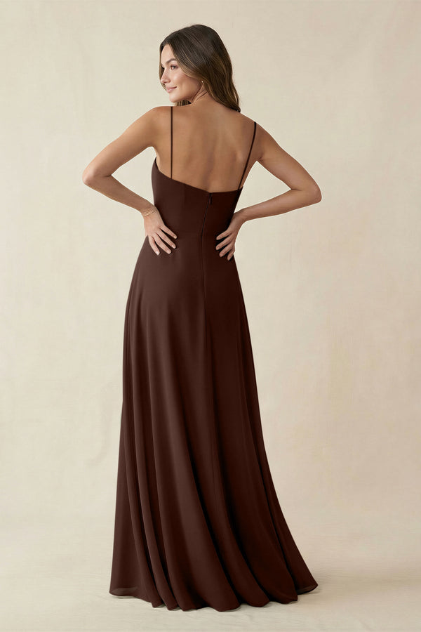 Spaghetti Strap A - Line Chiffon Maxi Bridesmaid Dress in Espresso - KissProm Bridesmaid Dresses