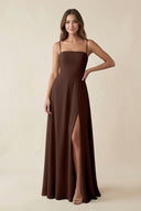 Spaghetti Strap A - Line Chiffon Maxi Bridesmaid Dress in Espresso - KissProm Bridesmaid Dresses