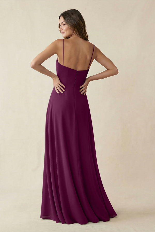 Spaghetti Strap A - Line Chiffon Maxi Bridesmaid Dress in Fig - KissProm Bridesmaid Dresses
