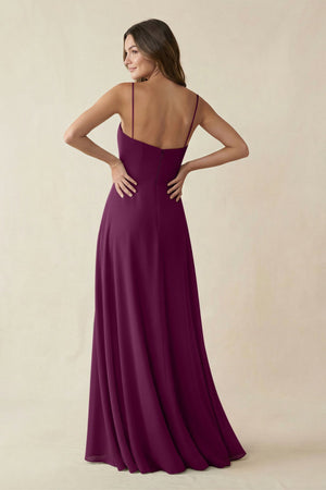 Spaghetti Strap A - Line Chiffon Maxi Bridesmaid Dress in Fig - KissProm Bridesmaid Dresses
