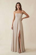Spaghetti Strap A - Line Chiffon Maxi Bridesmaid Dress in Frost - KissProm Bridesmaid Dresses