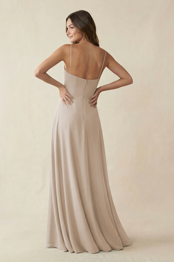 Spaghetti Strap A - Line Chiffon Maxi Bridesmaid Dress in Frost - KissProm Bridesmaid Dresses