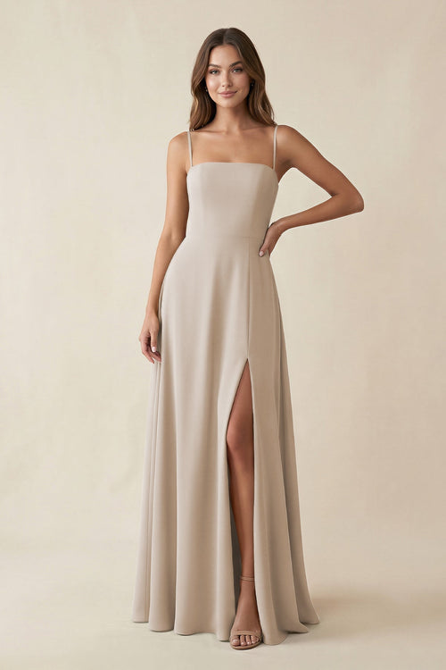 Spaghetti Strap A - Line Chiffon Maxi Bridesmaid Dress in Frost - KissProm Bridesmaid Dresses