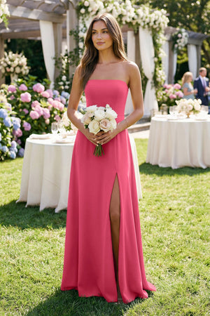 Spaghetti Strap A - Line Chiffon Maxi Bridesmaid Dress in Fuchsia - KissProm Bridesmaid Dresses