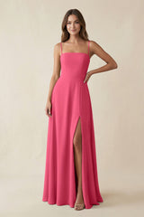 Spaghetti Strap A - Line Chiffon Maxi Bridesmaid Dress in Fuchsia - KissProm Bridesmaid Dresses