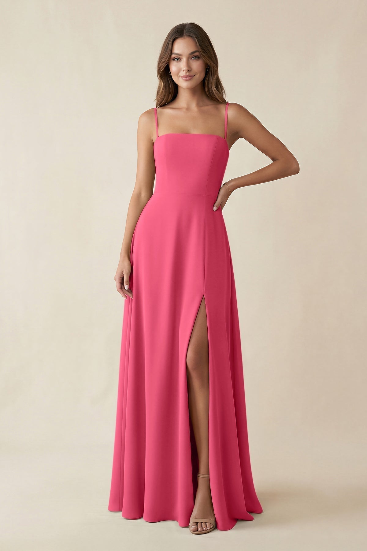 KissProm Spaghetti Strap A-Line Chiffon Maxi Bridesmaid Dress in Fuchsia, Fuchsia / 26