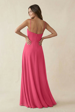 Spaghetti Strap A - Line Chiffon Maxi Bridesmaid Dress in Fuchsia - KissProm Bridesmaid Dresses