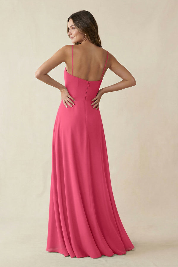Spaghetti Strap A - Line Chiffon Maxi Bridesmaid Dress in Fuchsia - KissProm Bridesmaid Dresses