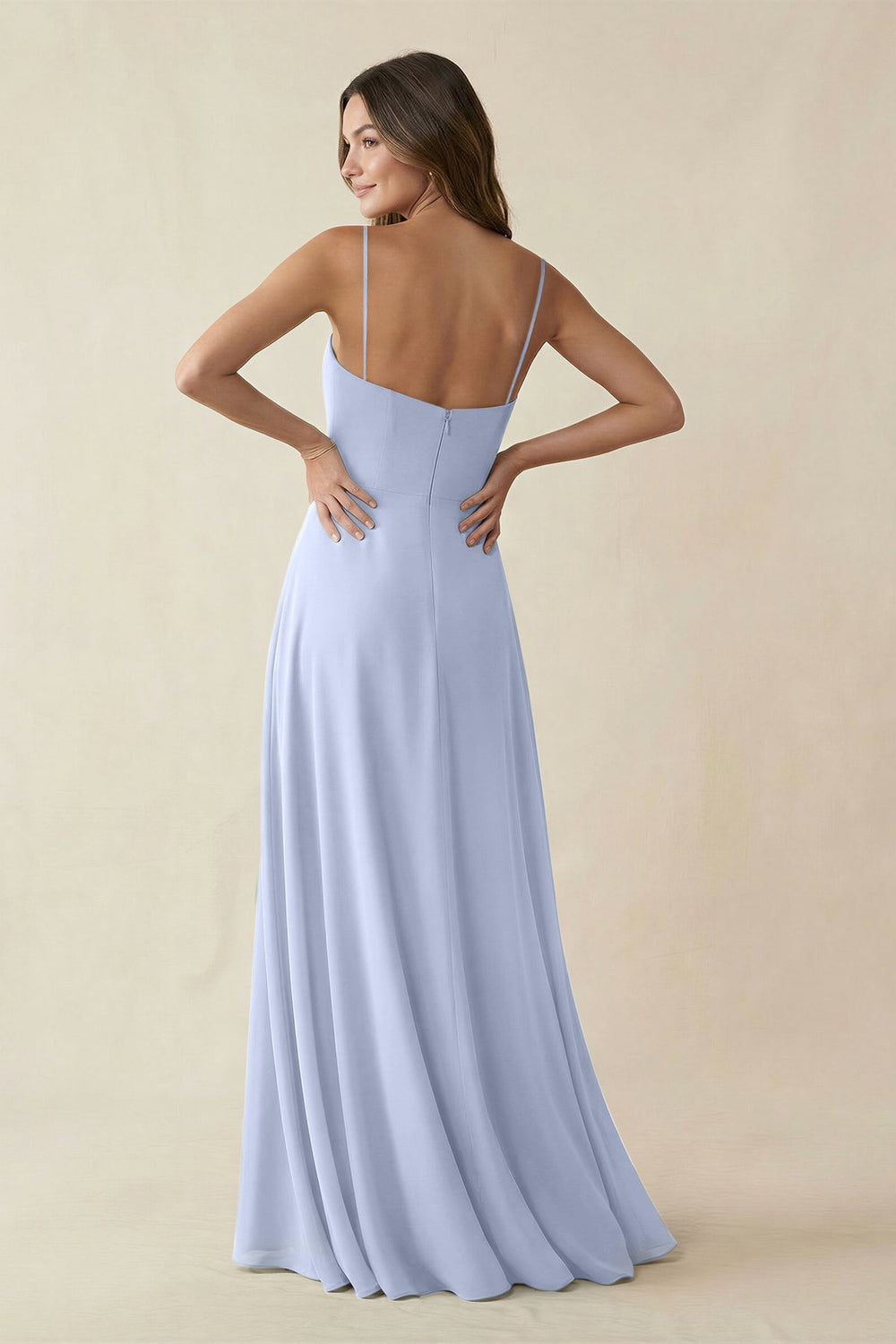 Spaghetti Strap A - Line Chiffon Maxi Bridesmaid Dress in Ice - KissProm Bridesmaid Dresses