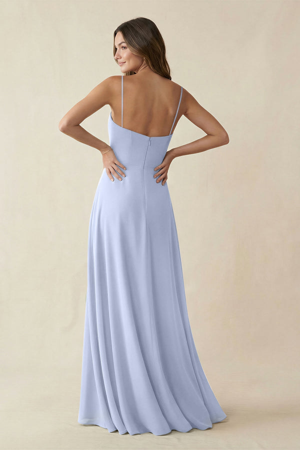 Spaghetti Strap A - Line Chiffon Maxi Bridesmaid Dress in Ice - KissProm Bridesmaid Dresses