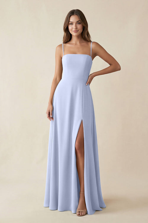 Spaghetti Strap A - Line Chiffon Maxi Bridesmaid Dress in Ice - KissProm Bridesmaid Dresses