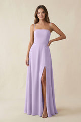 Spaghetti Strap A - Line Chiffon Maxi Bridesmaid Dress in Lavender - KissProm Bridesmaid Dresses
