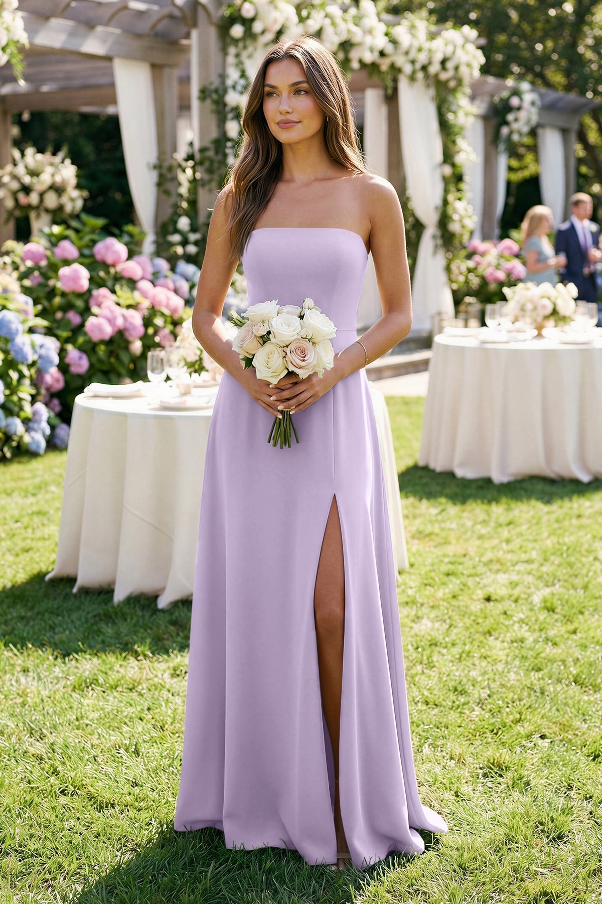 bridesmaid dresses lavender Wedtrend Women Lilac Ruffle Dress A Line Ruched Chiffon Spaghetti Straps Maxi Dress with Slit, Purple / US4 romantic details define this chiffon bridesmaid dress Lilac Bridesmaid Dresses | AW.Bridal