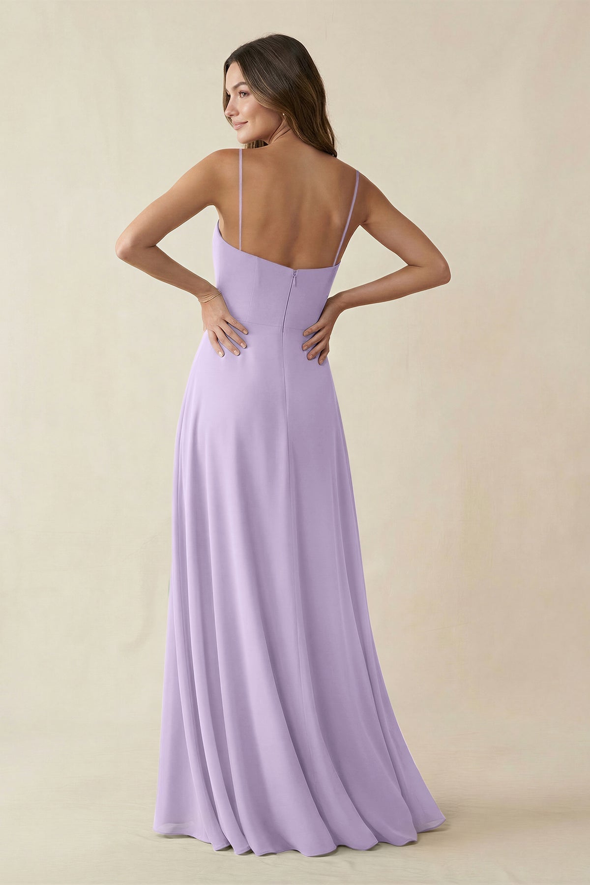 KissProm Spaghetti Strap A-Line Chiffon Maxi Bridesmaid Dress in Lavender, Lavender / 16