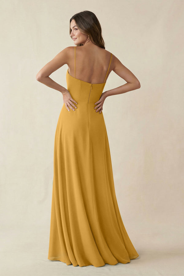 Spaghetti Strap A - Line Chiffon Maxi Bridesmaid Dress in Marigold - KissProm Bridesmaid Dresses