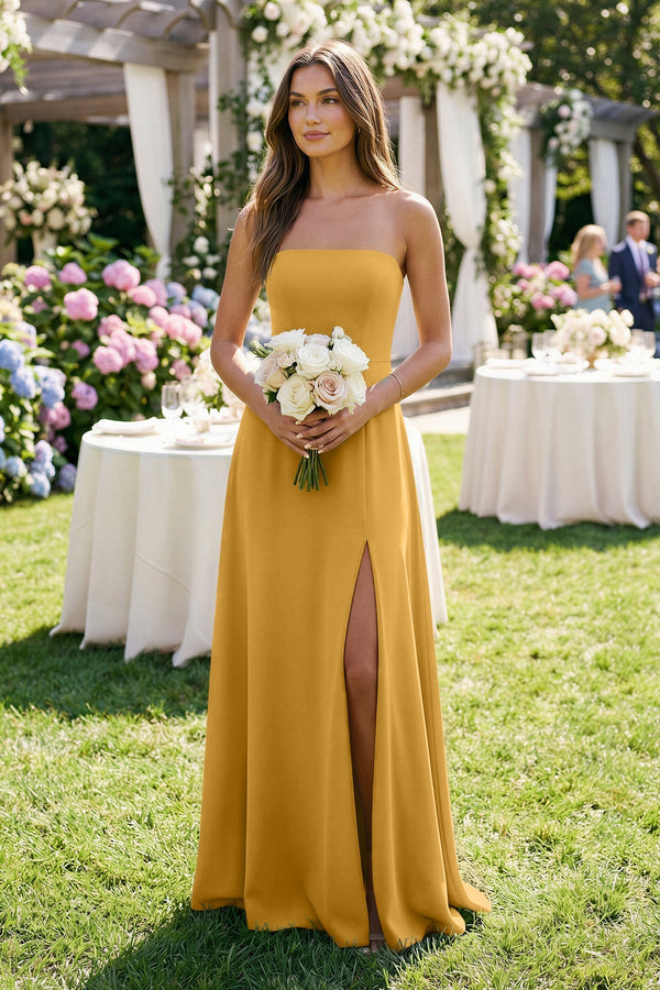 KissProm | Ruched Chiffon A-Line Bridesmaid Dress with Slit in Marigold KissProm | Ruched Chiffon A-Line Bridesmaid Dress with Slit in Marigold