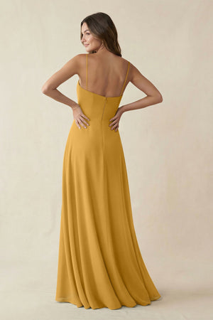 Spaghetti Strap A - Line Chiffon Maxi Bridesmaid Dress in Marigold - KissProm Bridesmaid Dresses