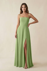 Spaghetti Strap A - Line Chiffon Maxi Bridesmaid Dress in Matcha - KissProm Bridesmaid Dresses