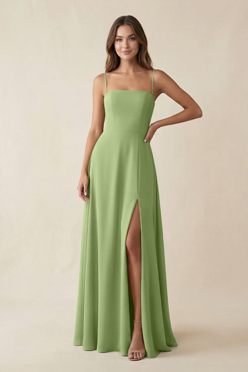 Spaghetti Strap A - Line Chiffon Maxi Bridesmaid Dress in Matcha - KissProm Bridesmaid Dresses