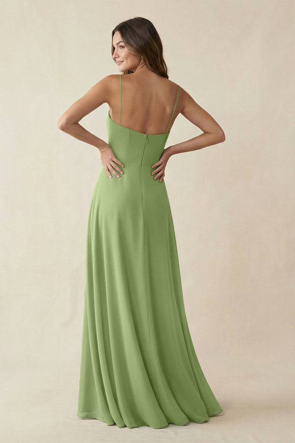 Spaghetti Strap A - Line Chiffon Maxi Bridesmaid Dress in Matcha - KissProm Bridesmaid Dresses