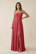 Spaghetti Strap A - Line Chiffon Maxi Bridesmaid Dress in Merlot - KissProm Bridesmaid Dresses