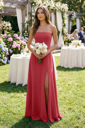 Spaghetti Strap A - Line Chiffon Maxi Bridesmaid Dress in Merlot - KissProm Bridesmaid Dresses