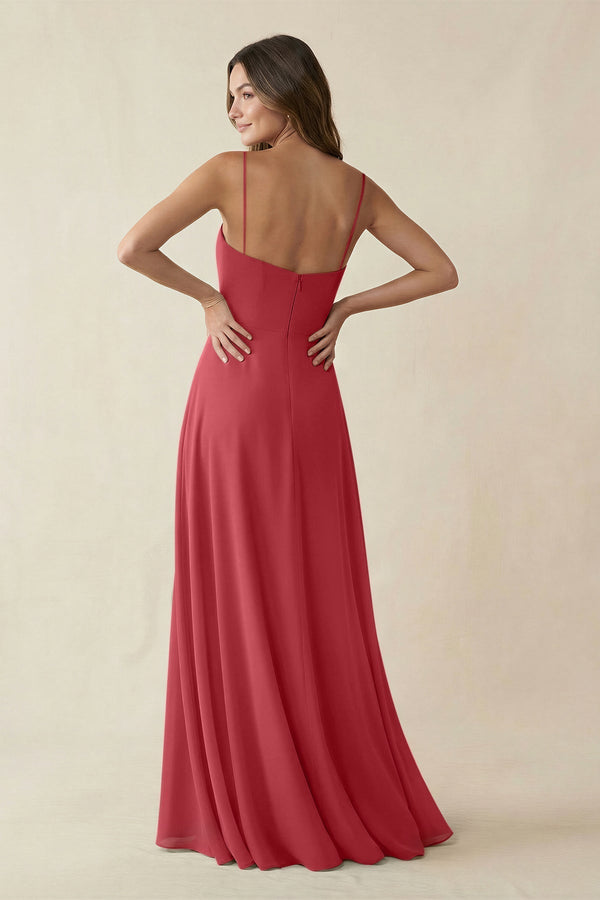 Spaghetti Strap A - Line Chiffon Maxi Bridesmaid Dress in Merlot - KissProm Bridesmaid Dresses