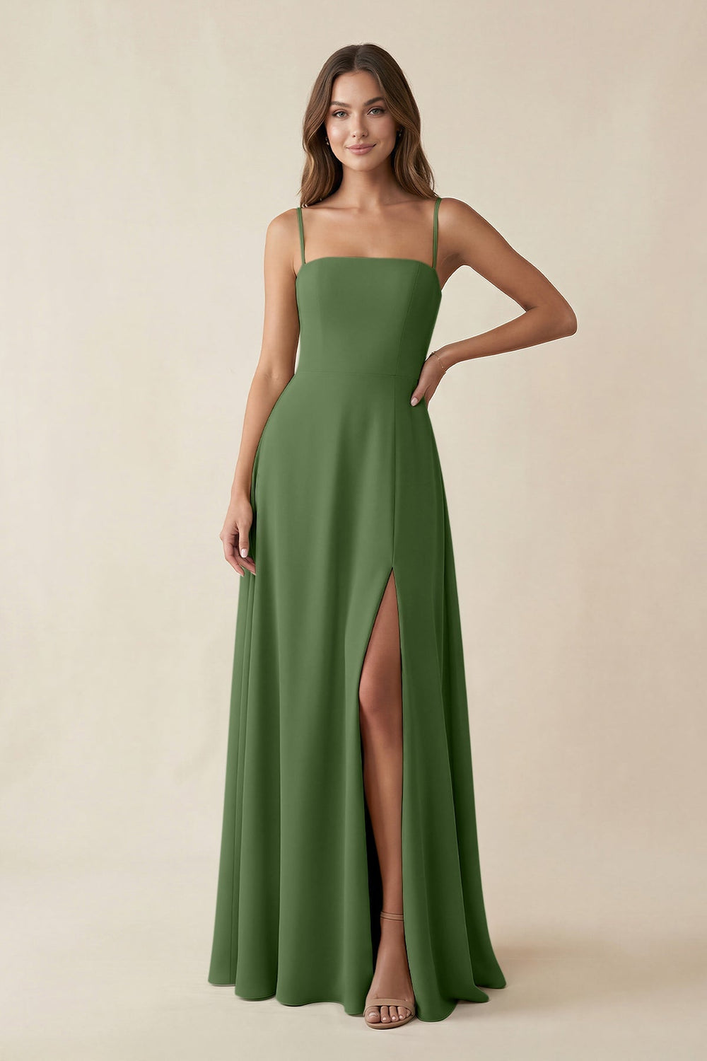 Spaghetti Strap A - Line Chiffon Maxi Bridesmaid Dress in Moss - KissProm Bridesmaid Dresses