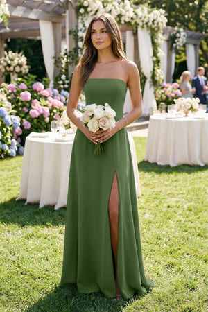 Spaghetti Strap A - Line Chiffon Maxi Bridesmaid Dress in Moss - KissProm Bridesmaid Dresses