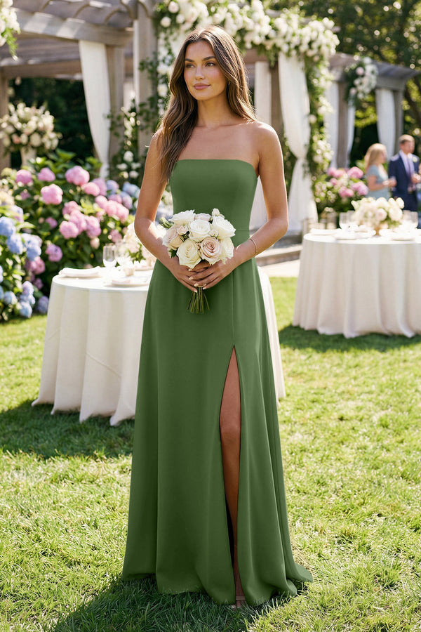 Spaghetti Strap A - Line Chiffon Maxi Bridesmaid Dress in Moss - KissProm Bridesmaid Dresses