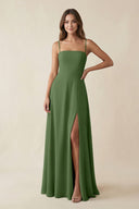 Spaghetti Strap A - Line Chiffon Maxi Bridesmaid Dress in Moss - KissProm Bridesmaid Dresses
