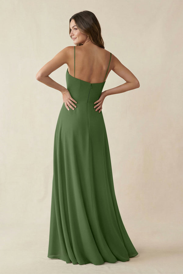 Spaghetti Strap A - Line Chiffon Maxi Bridesmaid Dress in Moss - KissProm Bridesmaid Dresses
