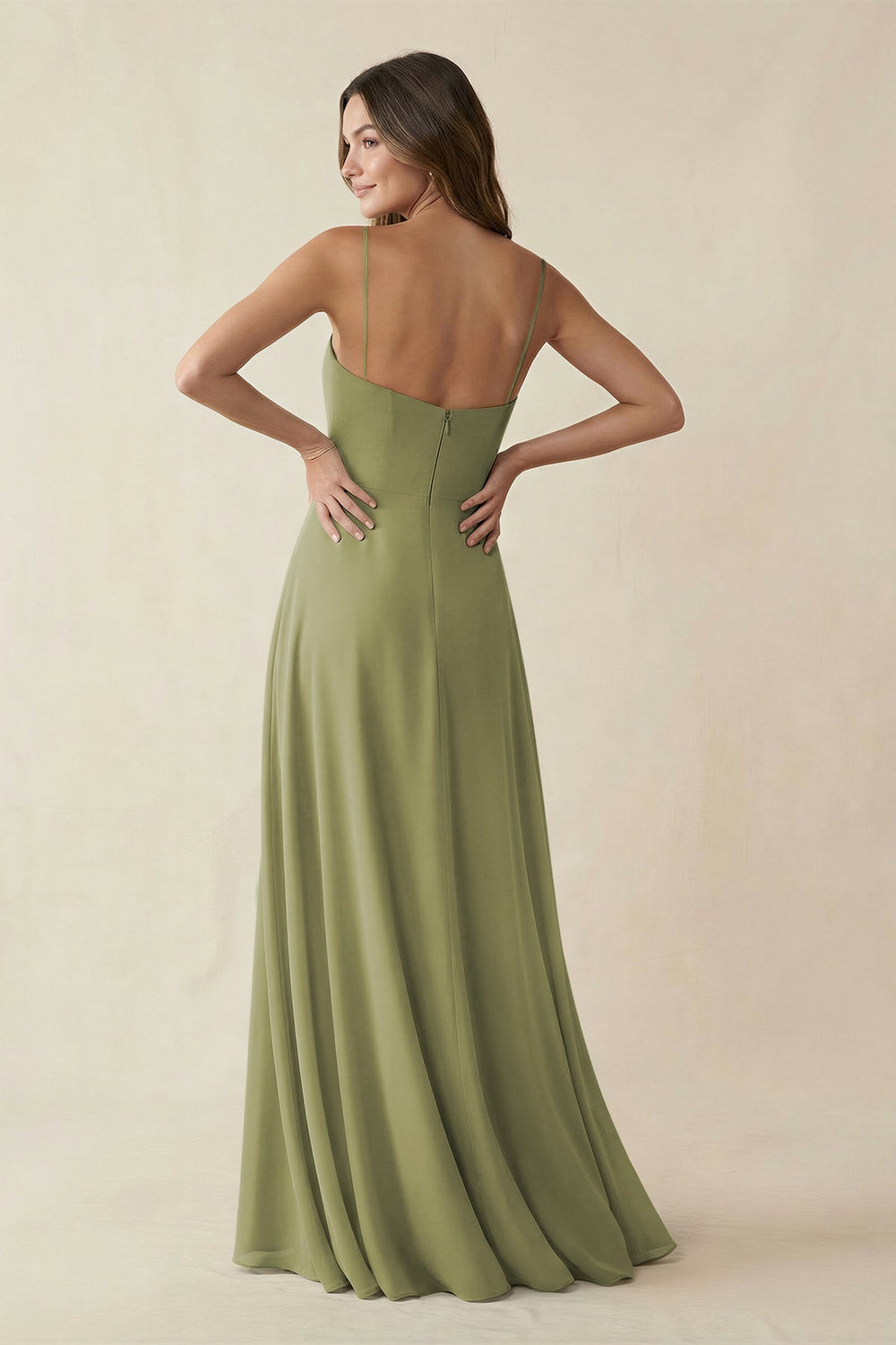 Spaghetti Strap A - Line Chiffon Maxi Bridesmaid Dress in Moss Green - KissProm Bridesmaid Dresses