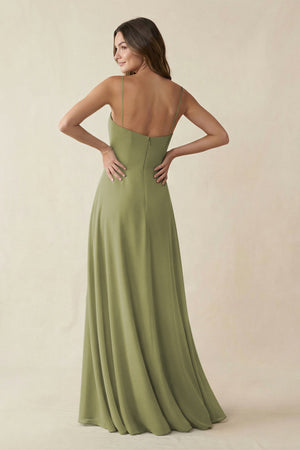 Spaghetti Strap A - Line Chiffon Maxi Bridesmaid Dress in Moss Green - KissProm Bridesmaid Dresses