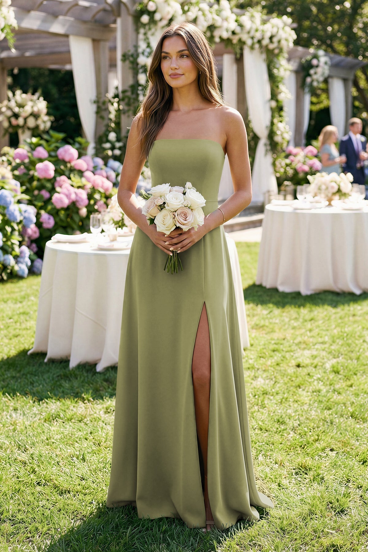 KissProm Spaghetti Strap A-Line Chiffon Maxi Bridesmaid Dress in Moss Green, Moss Green / 28