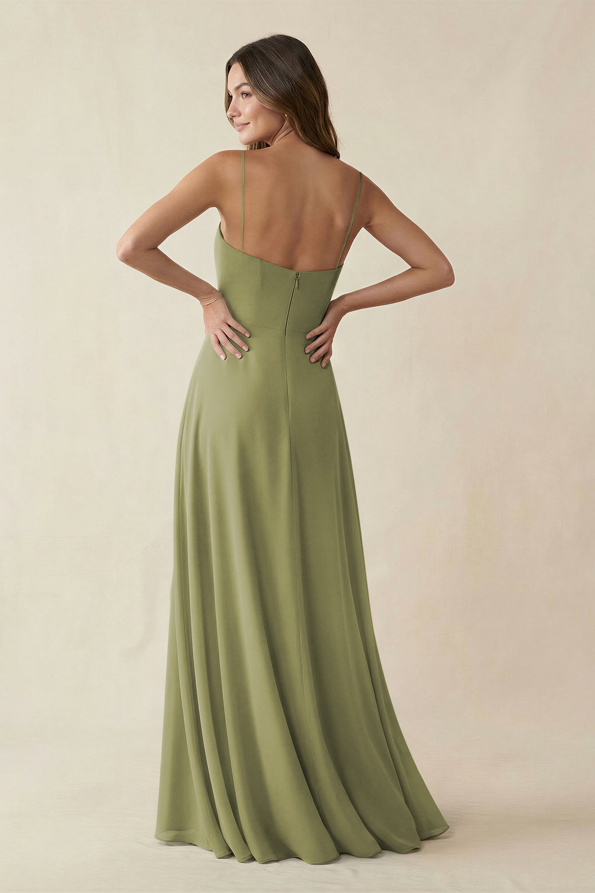 KissProm Spaghetti Strap A-Line Chiffon Maxi Bridesmaid Dress in Moss Green, Moss Green / 28
