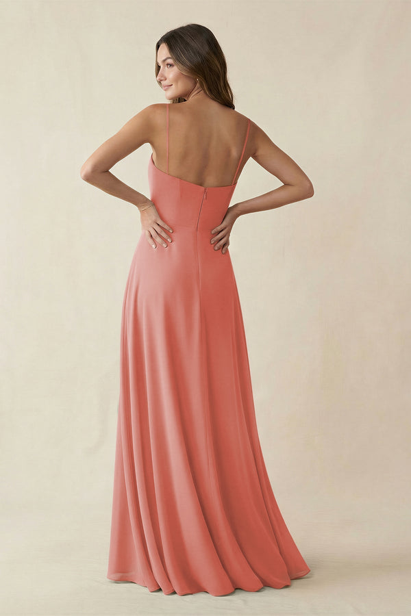 Spaghetti Strap A - Line Chiffon Maxi Bridesmaid Dress in Mulberry - KissProm Bridesmaid Dresses