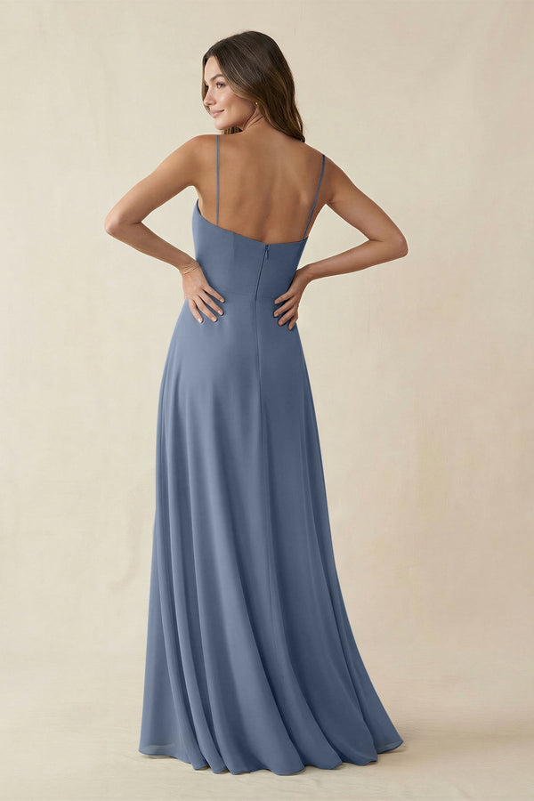Spaghetti Strap A - Line Chiffon Maxi Bridesmaid Dress in Neptune - KissProm Bridesmaid Dresses