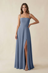 Spaghetti Strap A - Line Chiffon Maxi Bridesmaid Dress in Neptune - KissProm Bridesmaid Dresses
