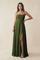 Spaghetti Strap A - Line Chiffon Maxi Bridesmaid Dress in Olive - KissProm Bridesmaid Dresses