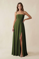 Spaghetti Strap A - Line Chiffon Maxi Bridesmaid Dress in Olive - KissProm Bridesmaid Dresses