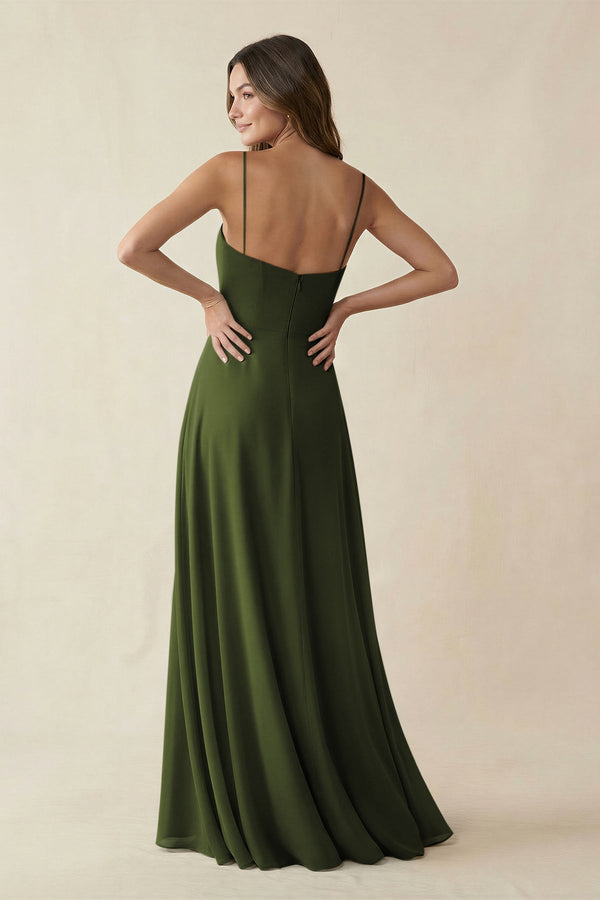 Spaghetti Strap A - Line Chiffon Maxi Bridesmaid Dress in Olive - KissProm Bridesmaid Dresses