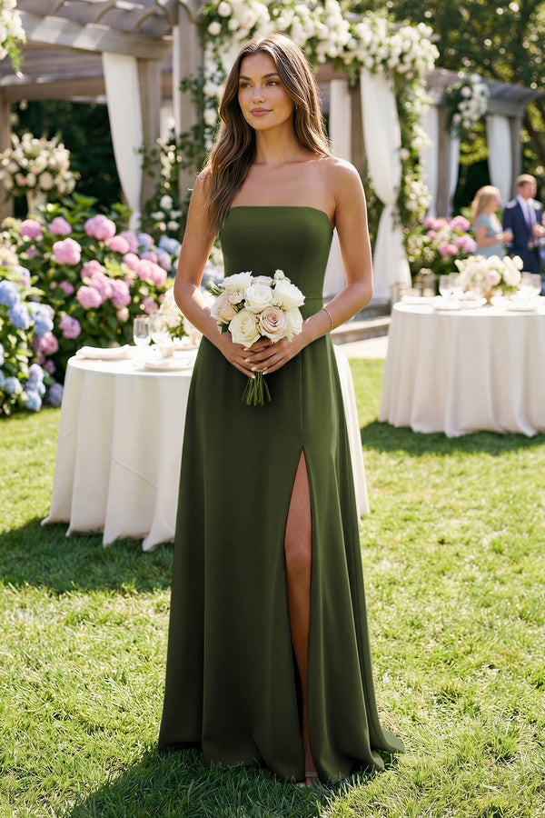 KissProm | Ruched Chiffon A-Line Bridesmaid Dress with Slit in Olive KissProm | Ruched Chiffon A-Line Bridesmaid Dress with Slit in Olive