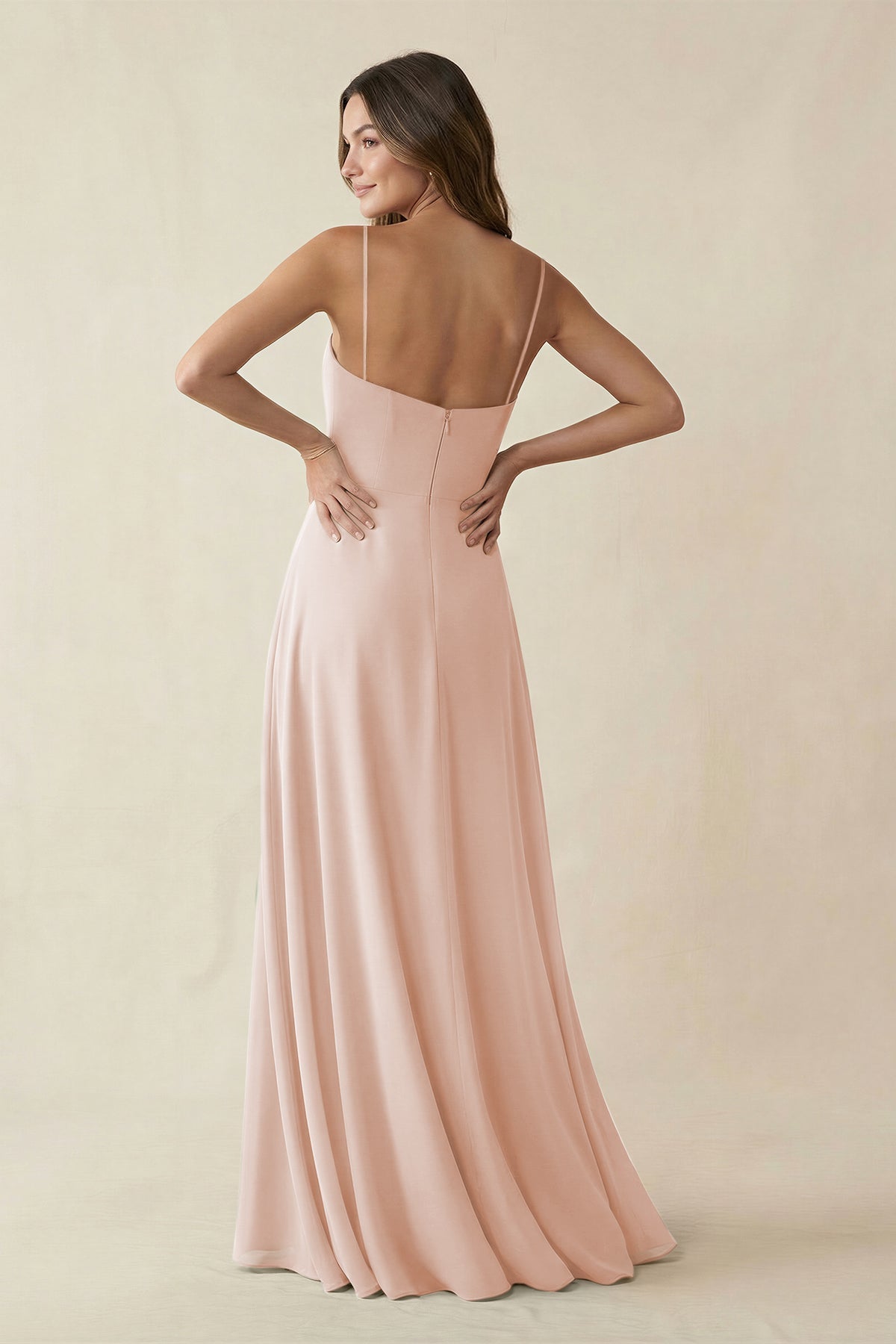 KissProm Spaghetti Strap A-Line Chiffon Maxi Bridesmaid Dress in Pale Blush, Pale Blush / 4
