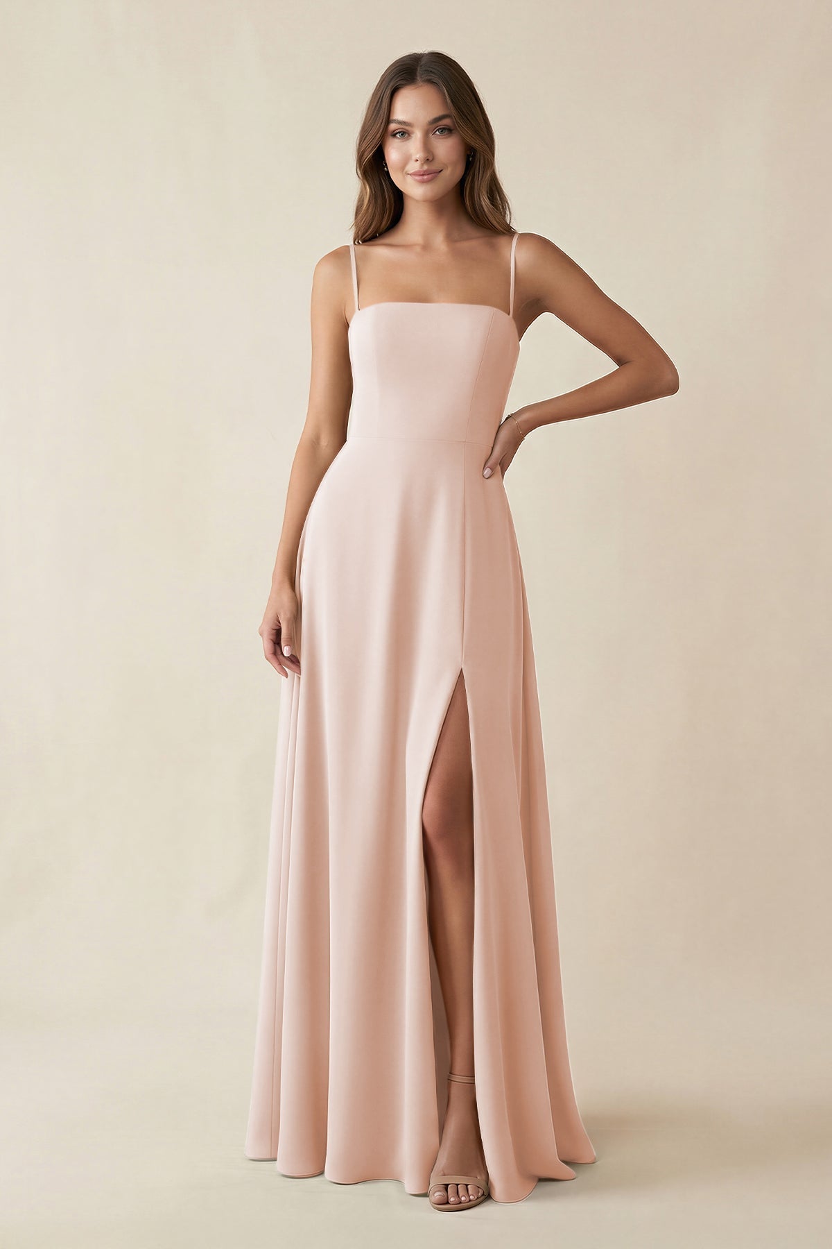 KissProm Spaghetti Strap A-Line Chiffon Maxi Bridesmaid Dress in Pale Blush, Pale Blush / 4