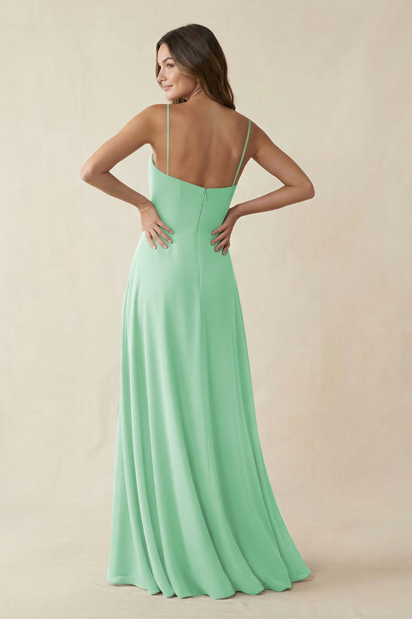Spaghetti Strap A - Line Chiffon Maxi Bridesmaid Dress in Pale Pistachio - KissProm Bridesmaid Dresses