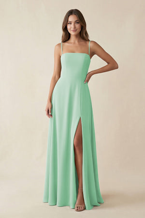 Spaghetti Strap A - Line Chiffon Maxi Bridesmaid Dress in Pale Pistachio - KissProm Bridesmaid Dresses